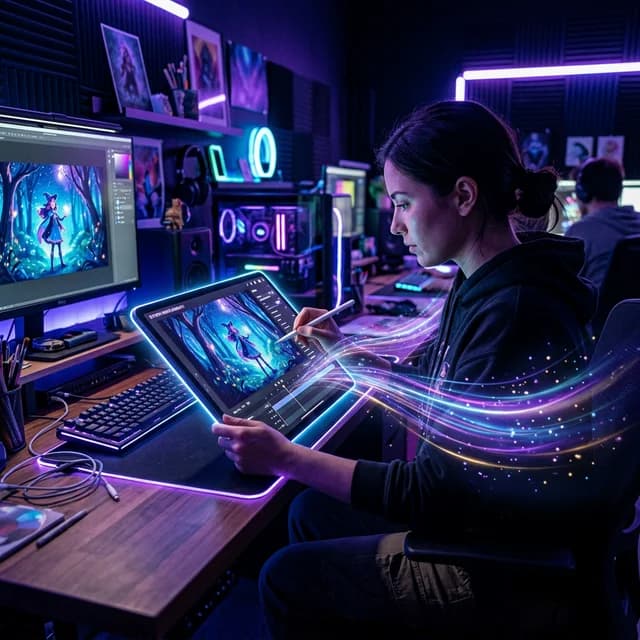 Digital artist animating creative assets with an AI video creator